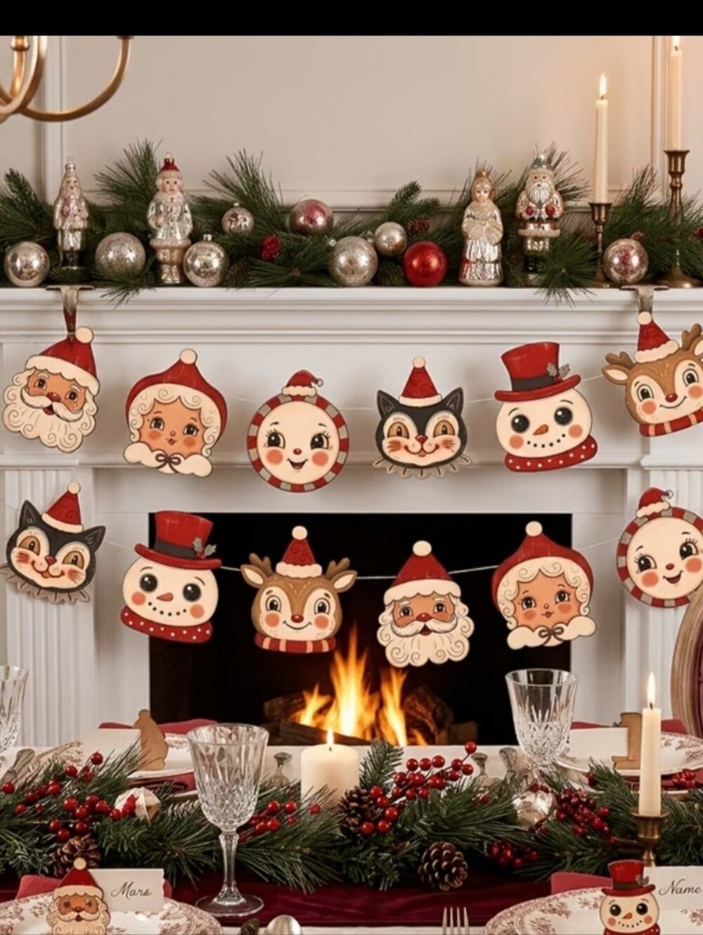 Vintage Christmas Garland Retro Santa Snowman Reindeer Cat Kitsch Holiday Decor
